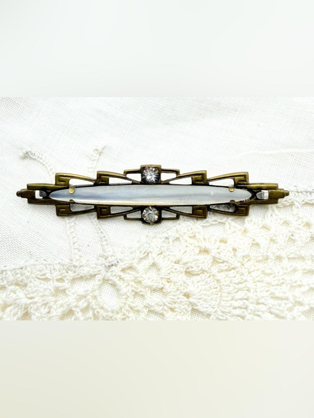 Antique Art Deco Mother of Pearl Rhinstone Bar Brooch